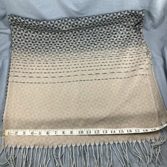 Cleo Shawl Wrap Long Scarf with Fringe Ends Beige Grey Woven Polyester 20x72" - Picture 6 of 6